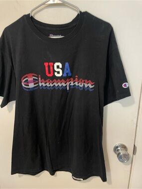 CHAMPION “USA” MENS SS BLACK COTTON T SHIRT tee athletic workout SZ L